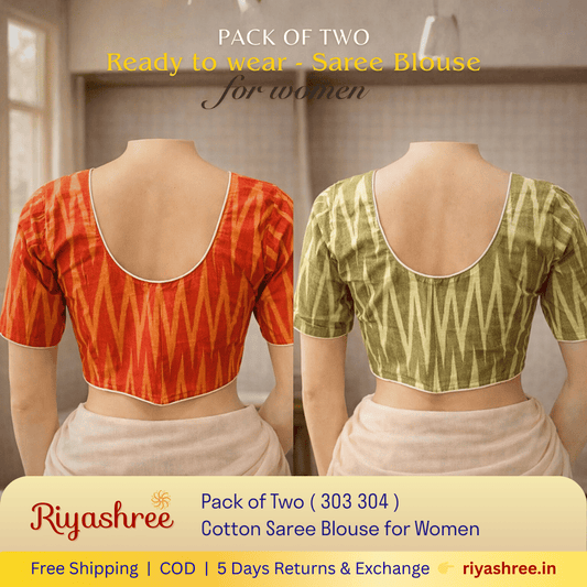 Pack of Two Riyashree Ready to Wear Stitched Cotton Ikkat Saree Blouse for Women | 303 304