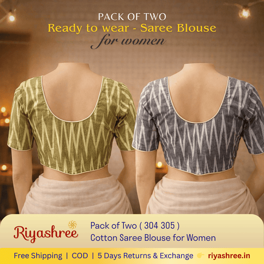 Pack of Two Riyashree Ready to Wear Stitched Cotton Ikkat Saree Blouse for Women | 304 305