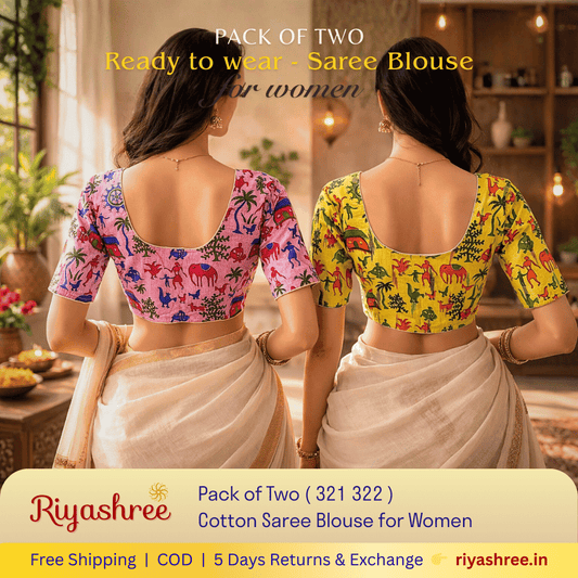 Pack of Two Riyashree Ready to Wear Stitched Cotton Madhubani Saree Blouse for Women | 321 322