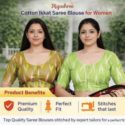 EvaRiya Pack of 2 Ready-to-Wear Cotton Ikkat Blouse for Women | Pre-Stitched Saree Blouse | Comfortable Daily & Festive Wear | 01-06