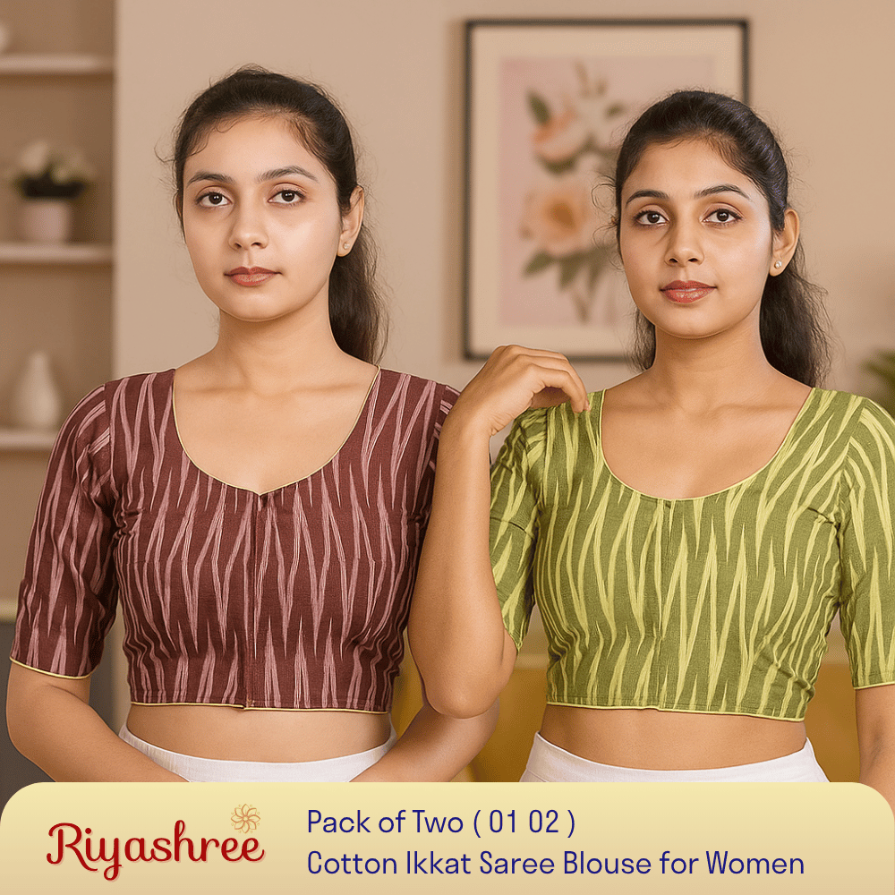 EvaRiya Pack of 2 Ready-to-Wear Cotton Ikkat Blouse for Women | Pre-Stitched Saree Blouse | Comfortable Daily & Festive Wear | 01-02