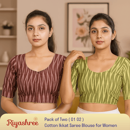 EvaRiya Pack of 2 Ready-to-Wear Cotton Ikkat Blouse for Women | Pre-Stitched Saree Blouse | Comfortable Daily & Festive Wear | 01-02