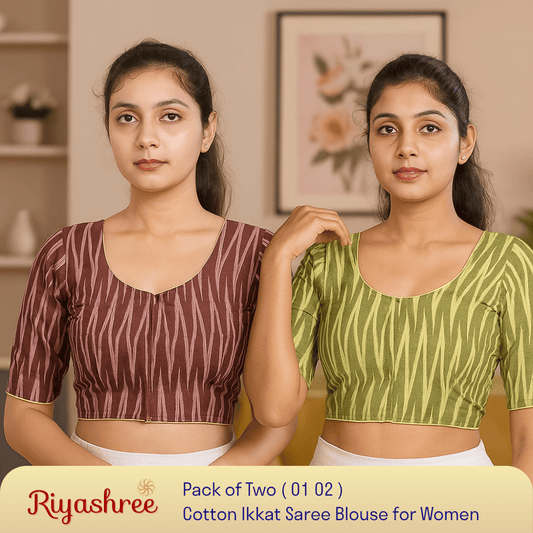 EvaRiya Pack of 2 Ready-to-Wear Cotton Ikkat Blouse for Women | Pre-Stitched Saree Blouse | Comfortable Daily & Festive Wear | 01-02