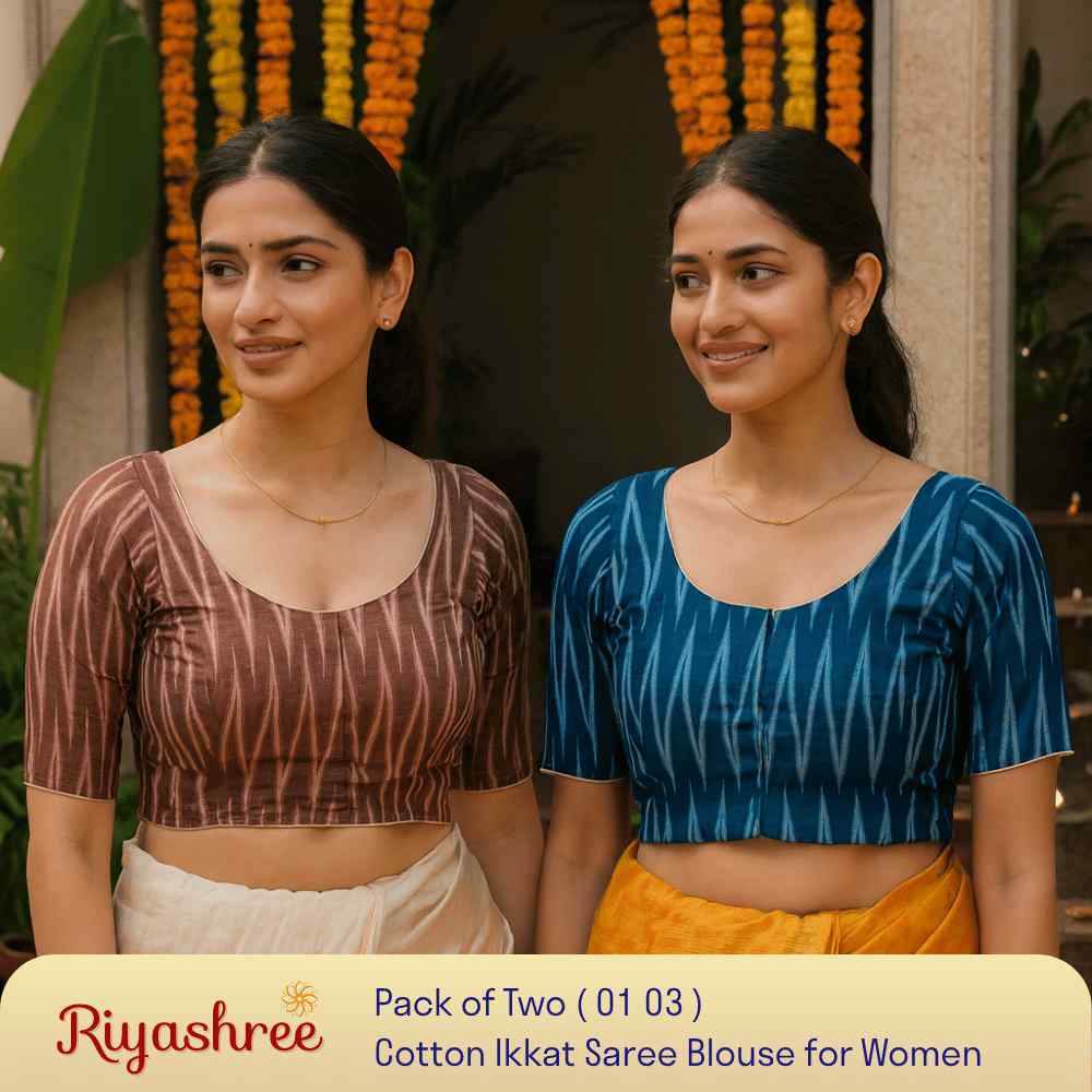 EvaRiya Pack of 2 Ready-to-Wear Cotton Ikkat Blouse for Women | Pre-Stitched Saree Blouse | Comfortable Daily & Festive Wear | 01-03