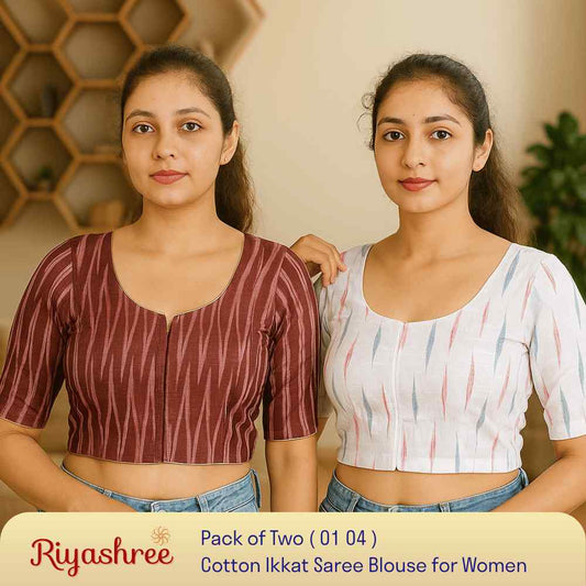 EvaRiya Pack of 2 Ready-to-Wear Cotton Ikkat Blouse for Women | Pre-Stitched Saree Blouse | Comfortable Daily & Festive Wear | 01-04