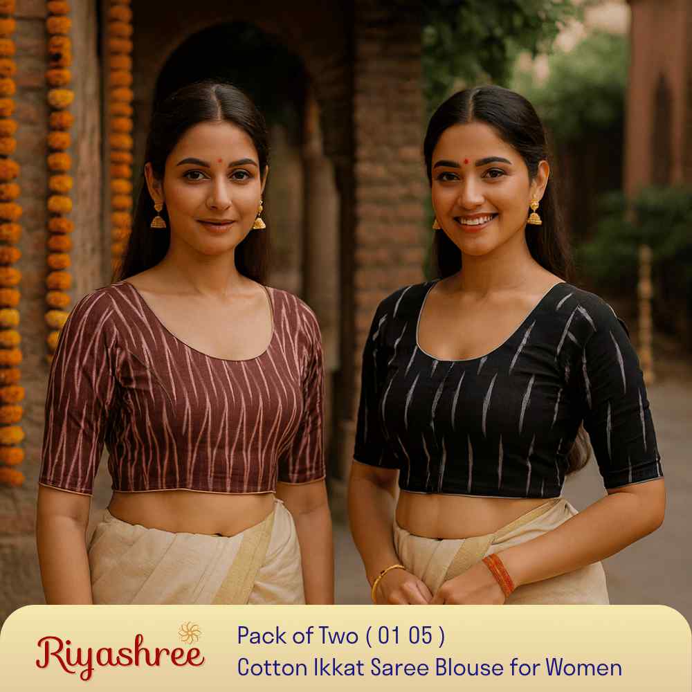 EvaRiya Pack of 2 Ready-to-Wear Cotton Ikkat Blouse for Women | Pre-Stitched Saree Blouse | Comfortable Daily & Festive Wear | 01-05
