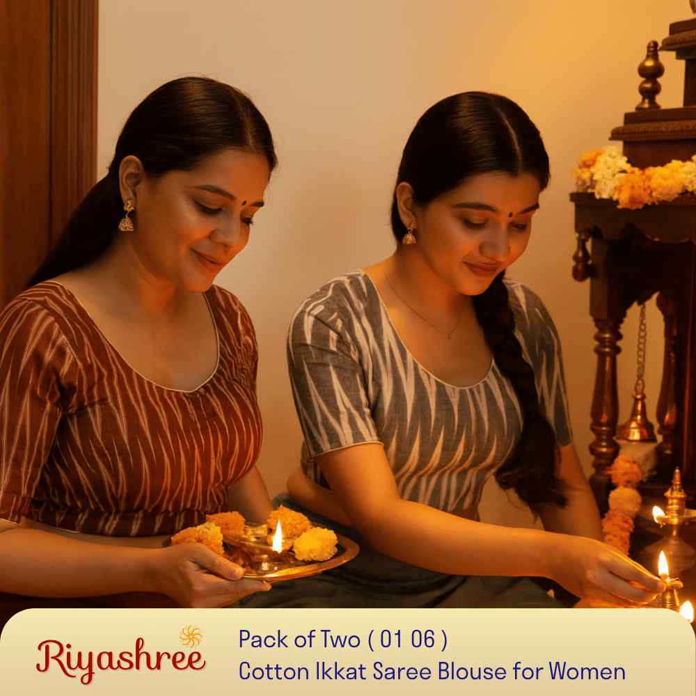 EvaRiya Pack of 2 Ready-to-Wear Cotton Ikkat Blouse for Women | Pre-Stitched Saree Blouse | Comfortable Daily & Festive Wear | 01-06