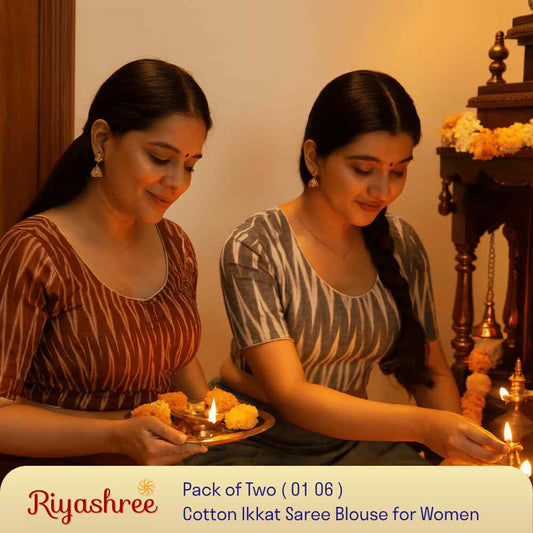 EvaRiya Pack of 2 Ready-to-Wear Cotton Ikkat Blouse for Women | Pre-Stitched Saree Blouse | Comfortable Daily & Festive Wear | 01-06
