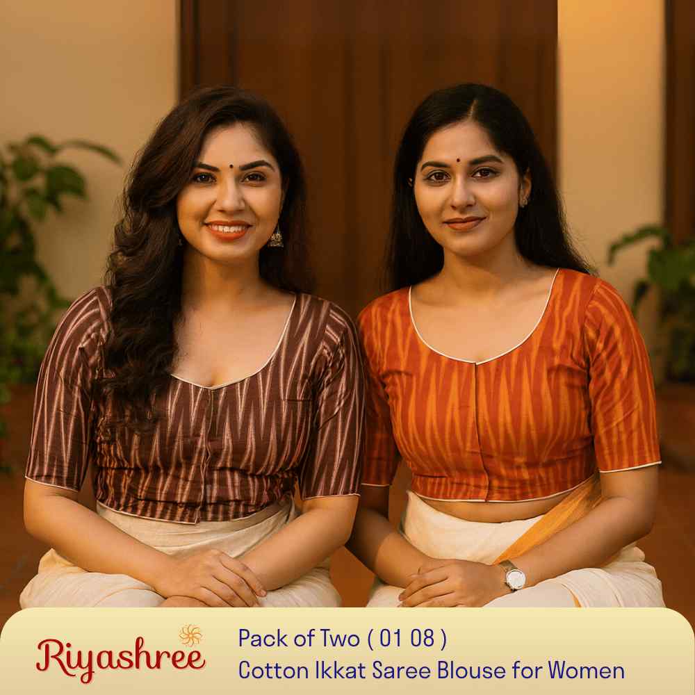 EvaRiya Pack of 2 Ready-to-Wear Cotton Ikkat Blouse for Women | Pre-Stitched Saree Blouse | Comfortable Daily & Festive Wear | 01-08