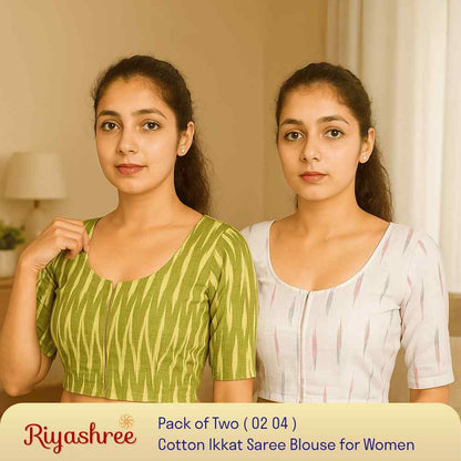 EvaRiya Pack of 2 Ready-to-Wear Cotton Ikkat Blouse for Women | Pre-Stitched Saree Blouse | Comfortable Daily & Festive Wear | 02-04