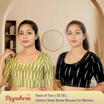 EvaRiya Pack of 2 Ready-to-Wear Cotton Ikkat Blouse for Women | Pre-Stitched Saree Blouse | Comfortable Daily & Festive Wear | 02-05
