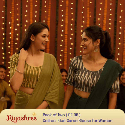 EvaRiya Pack of 2 Ready-to-Wear Cotton Ikkat Blouse for Women | Pre-Stitched Saree Blouse | Comfortable Daily & Festive Wear | 02-06
