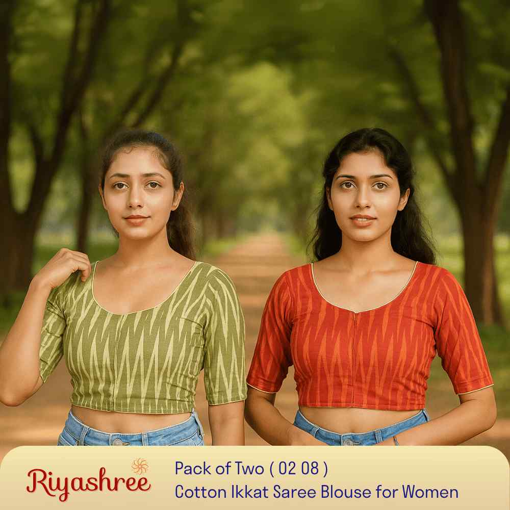EvaRiya Pack of 2 Ready-to-Wear Cotton Ikkat Blouse for Women | Pre-Stitched Saree Blouse | Comfortable Daily & Festive Wear | 02-08