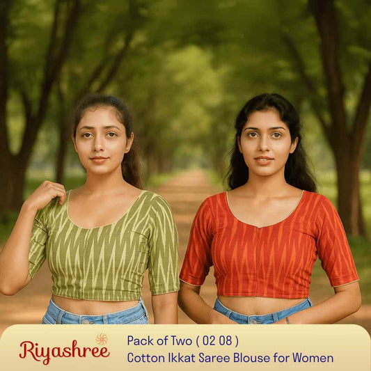 EvaRiya Pack of 2 Ready-to-Wear Cotton Ikkat Blouse for Women | Pre-Stitched Saree Blouse | Comfortable Daily & Festive Wear | 02-08
