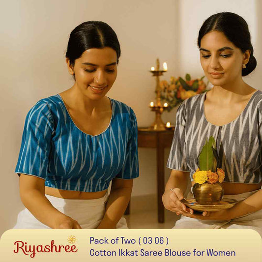 EvaRiya Pack of 2 Ready-to-Wear Cotton Ikkat Blouse for Women | Pre-Stitched Saree Blouse | Comfortable Daily & Festive Wear | 03-06