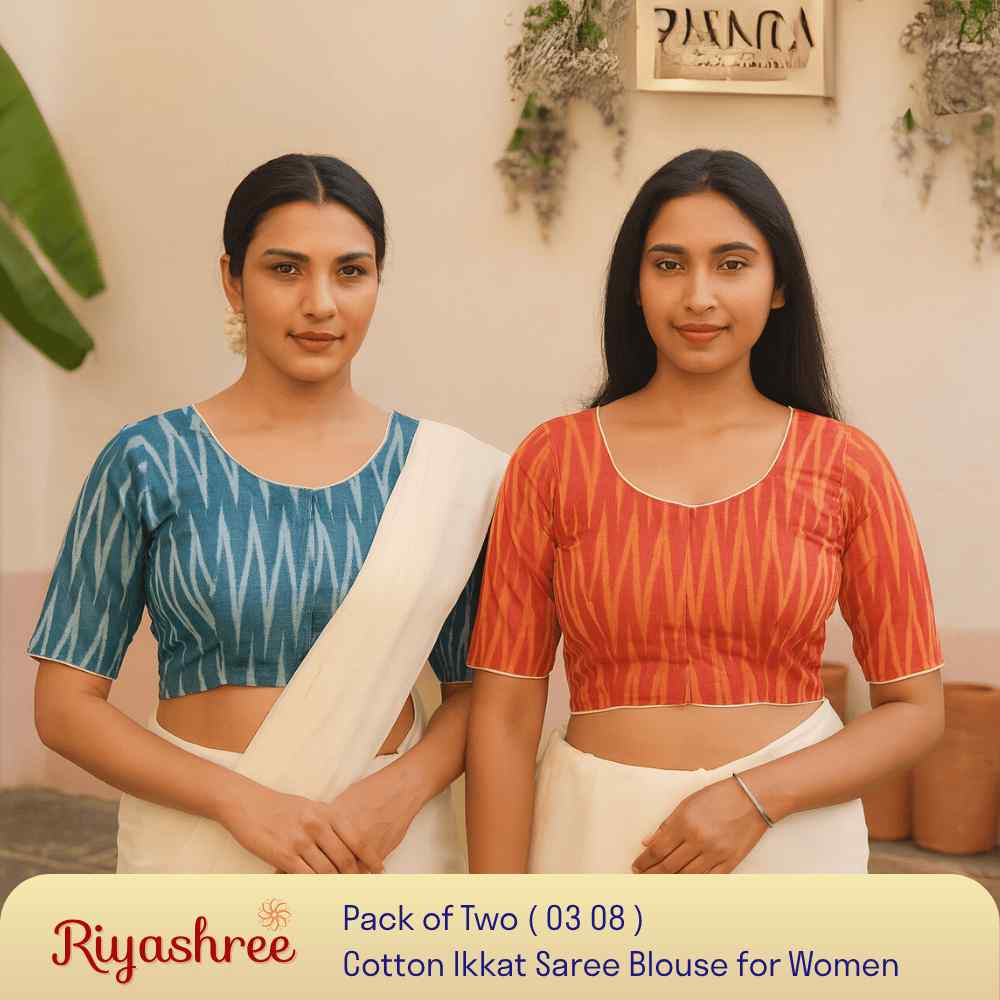 EvaRiya Pack of 2 Ready-to-Wear Cotton Ikkat Blouse for Women | Pre-Stitched Saree Blouse | Comfortable Daily & Festive Wear | 03-08