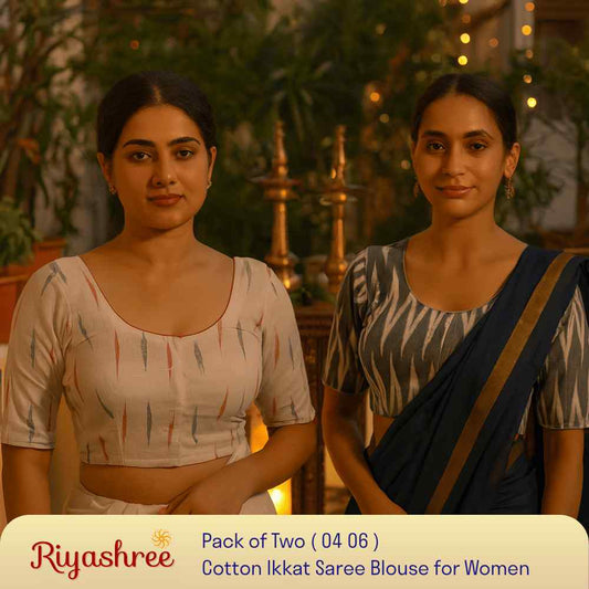 EvaRiya Pack of 2 Ready-to-Wear Cotton Ikkat Blouse for Women | Pre-Stitched Saree Blouse | Comfortable Daily & Festive Wear | 04-06