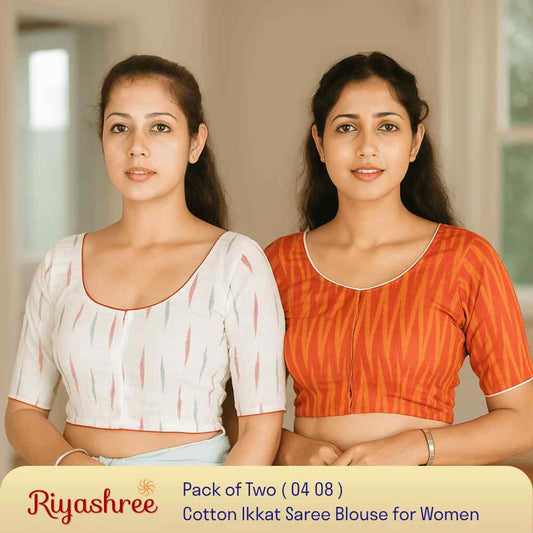 EvaRiya Pack of 2 Ready-to-Wear Cotton Ikkat Blouse for Women | Pre-Stitched Saree Blouse | Comfortable Daily & Festive Wear | 04-08