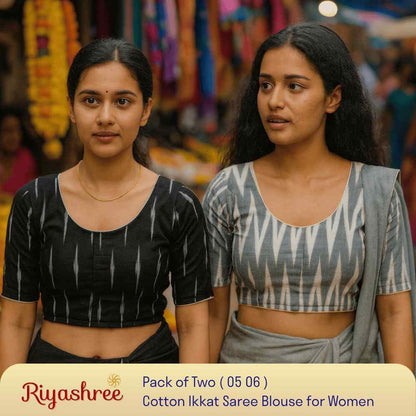 EvaRiya Pack of 2 Ready-to-Wear Cotton Ikkat Blouse for Women | Pre-Stitched Saree Blouse | Comfortable Daily & Festive Wear | 05-06