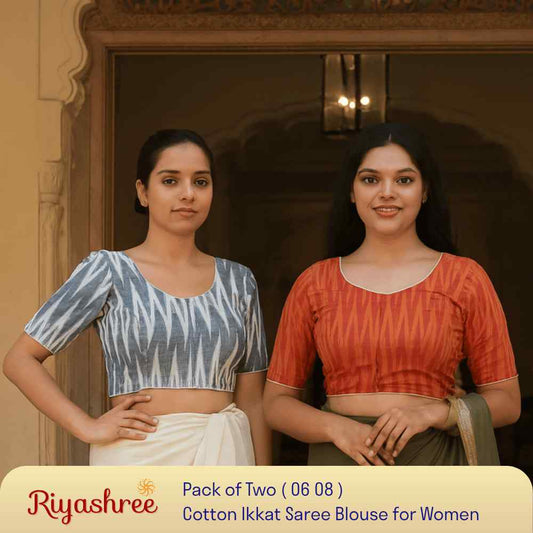 EvaRiya Pack of 2 Ready-to-Wear Cotton Ikkat Blouse for Women | Pre-Stitched Saree Blouse | Comfortable Daily & Festive Wear | 06-08