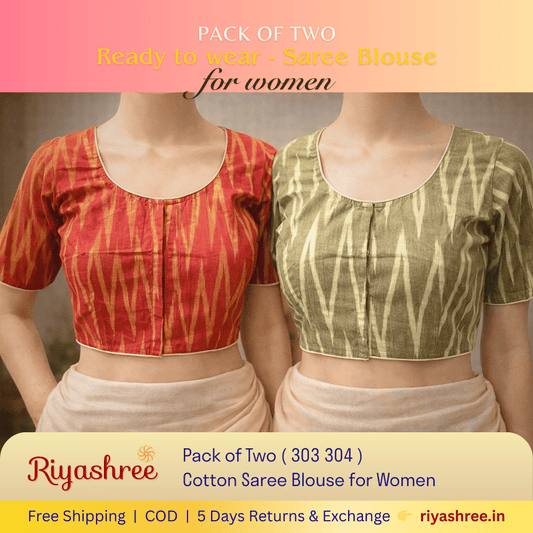 Pack of Two Riyashree Ready to Wear Stitched Cotton Ikkat Saree Blouse for Women | 303 304