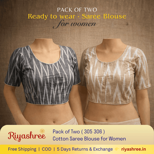 Pack of Two Riyashree Ready to Wear Stitched Cotton Ikkat Saree Blouse for Women | 305 306