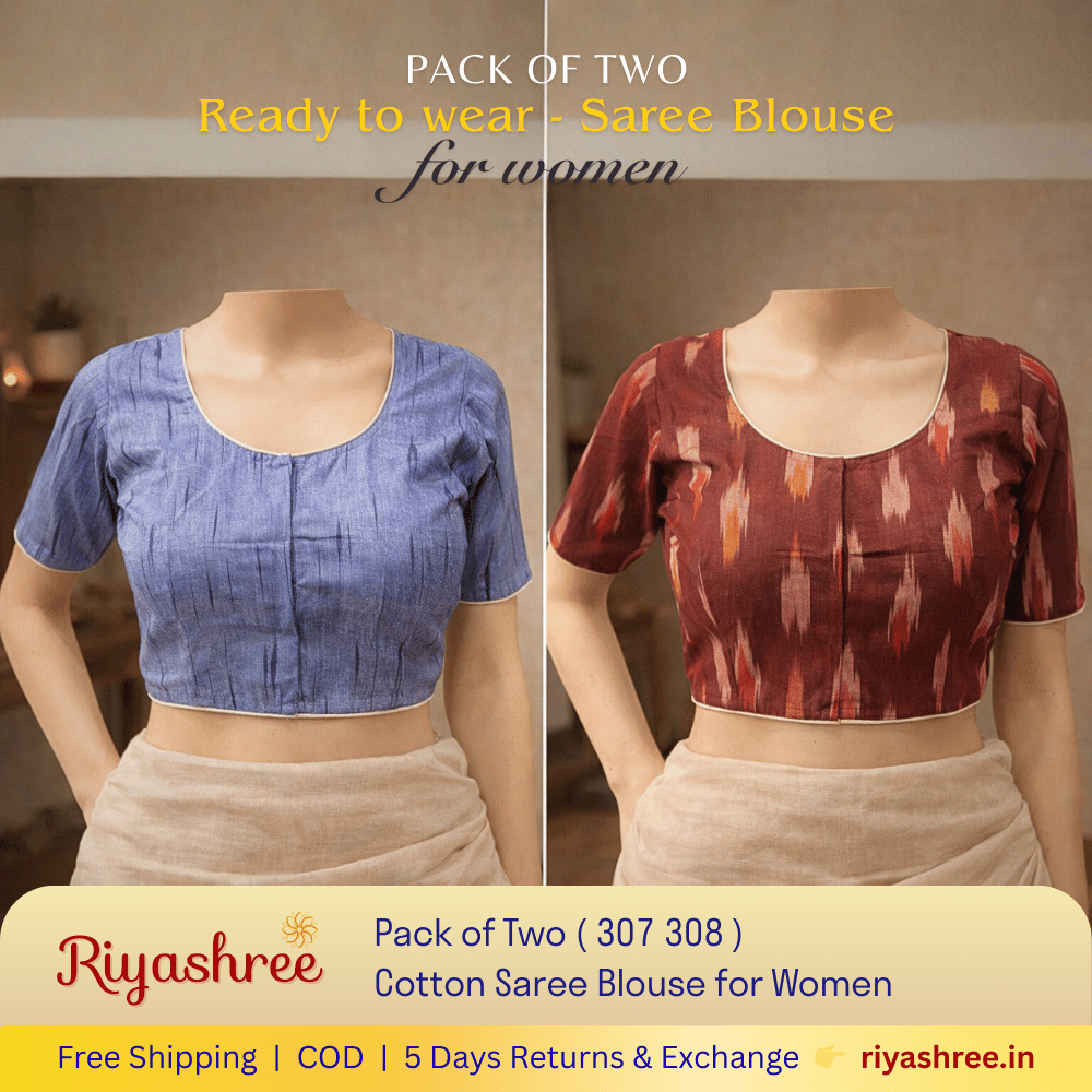 Pack of Two Riyashree Ready to Wear Stitched Cotton Ikkat Saree Blouse for Women | 307 308