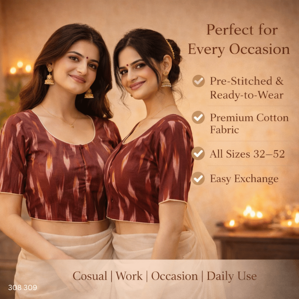 Pack of Two Riyashree Ready to Wear Stitched Cotton Ikkat Saree Blouse for Women | 308 309
