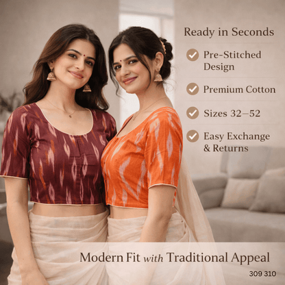 Pack of Two Riyashree Ready to Wear Stitched Cotton Ikkat Saree Blouse for Women | 309 310