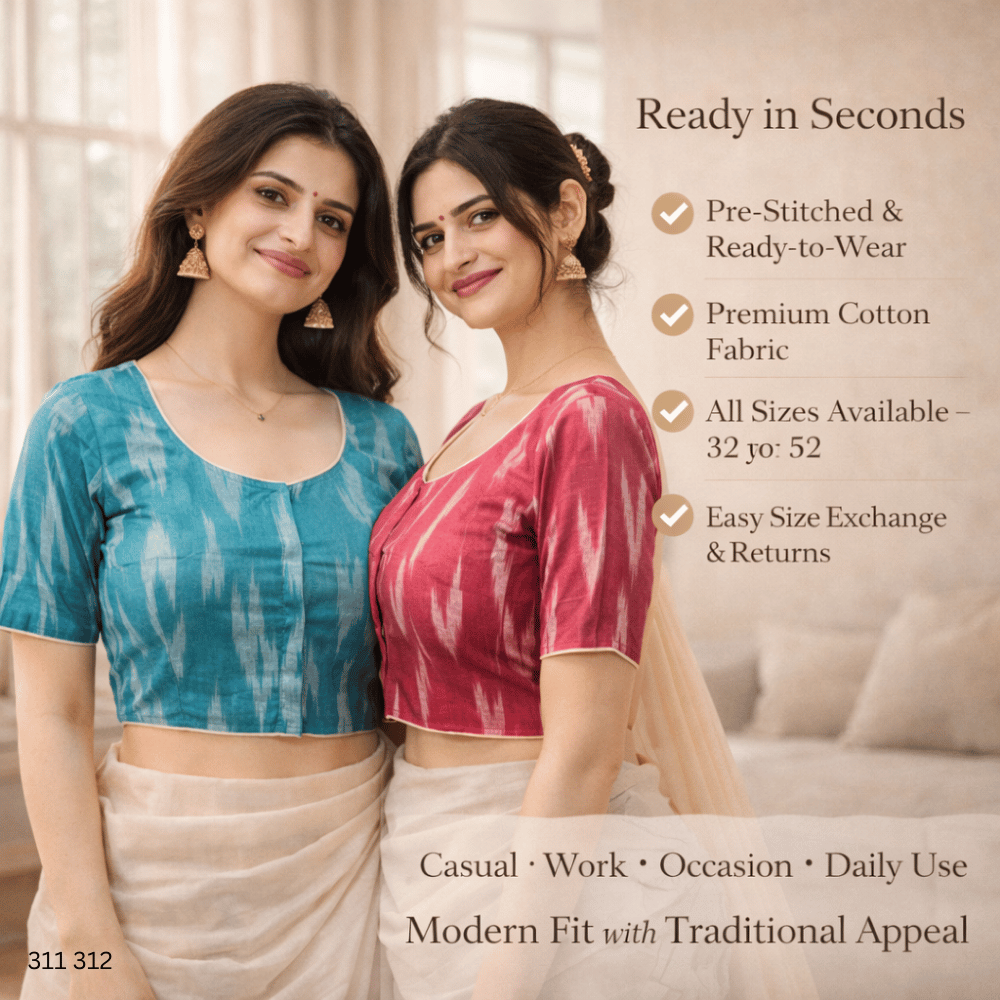 Pack of Two Riyashree Ready to Wear Stitched Cotton Ikkat Saree Blouse for Women | 311 312