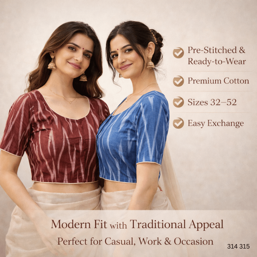Pack of Two Riyashree Ready to Wear Stitched Cotton Ikkat Saree Blouse for Women | 314 315