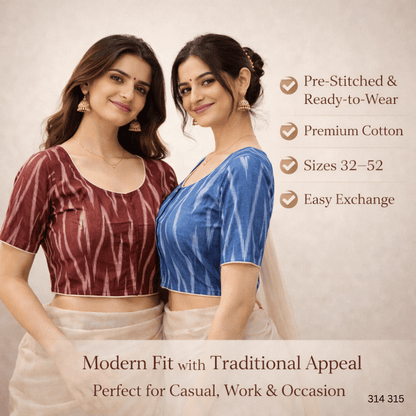 Pack of Two Riyashree Ready to Wear Stitched Cotton Ikkat Saree Blouse for Women | 314 315