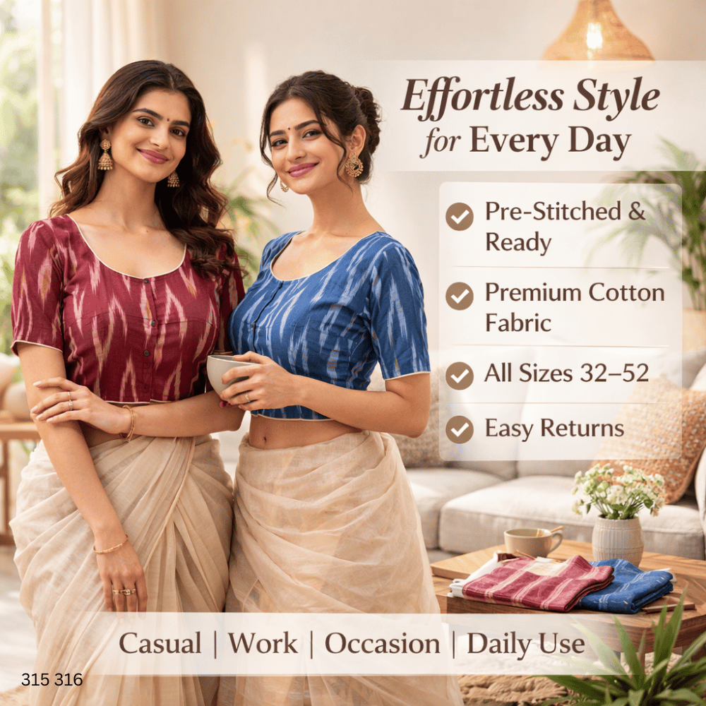 Pack of Two Riyashree Ready to Wear Stitched Cotton Ikkat Saree Blouse for Women | 315 316