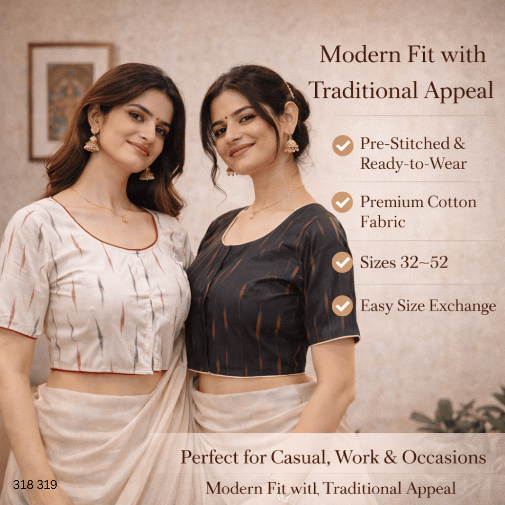Pack of Two Riyashree Ready to Wear Stitched Cotton Ikkat Saree Blouse for Women | 318 319