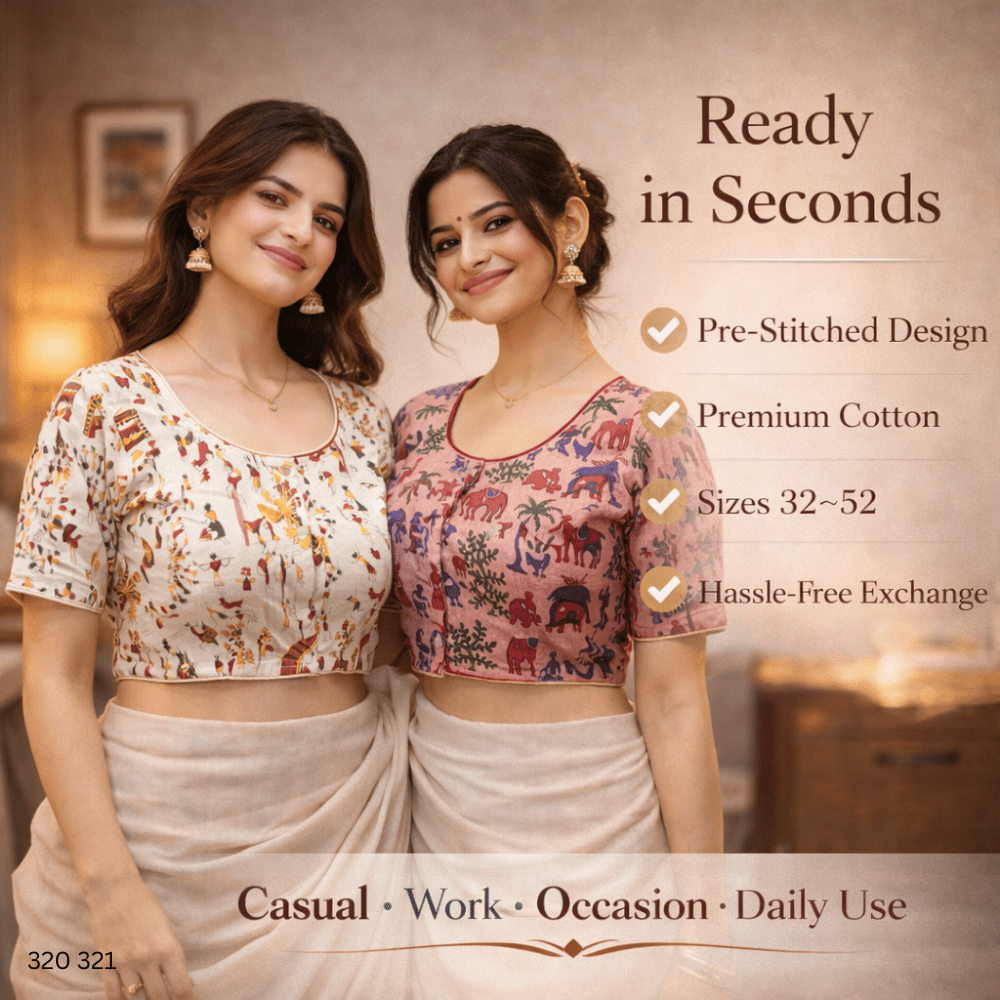 Pack of Two Riyashree Ready to Wear Stitched Cotton Madhubani Saree Blouse for Women | 320 321