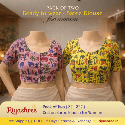 Pack of Two Riyashree Ready to Wear Stitched Cotton Madhubani Saree Blouse for Women | 321 322