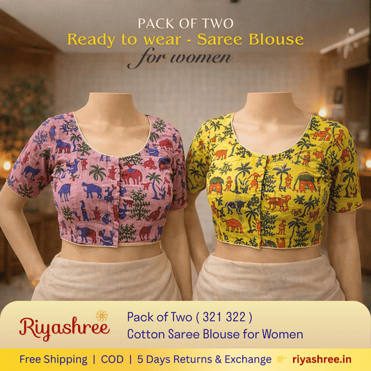 Pack of Two Riyashree Ready to Wear Stitched Cotton Madhubani Saree Blouse for Women | 321 322