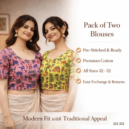Pack of Two Riyashree Ready to Wear Stitched Cotton Madhubani Saree Blouse for Women | 321 322