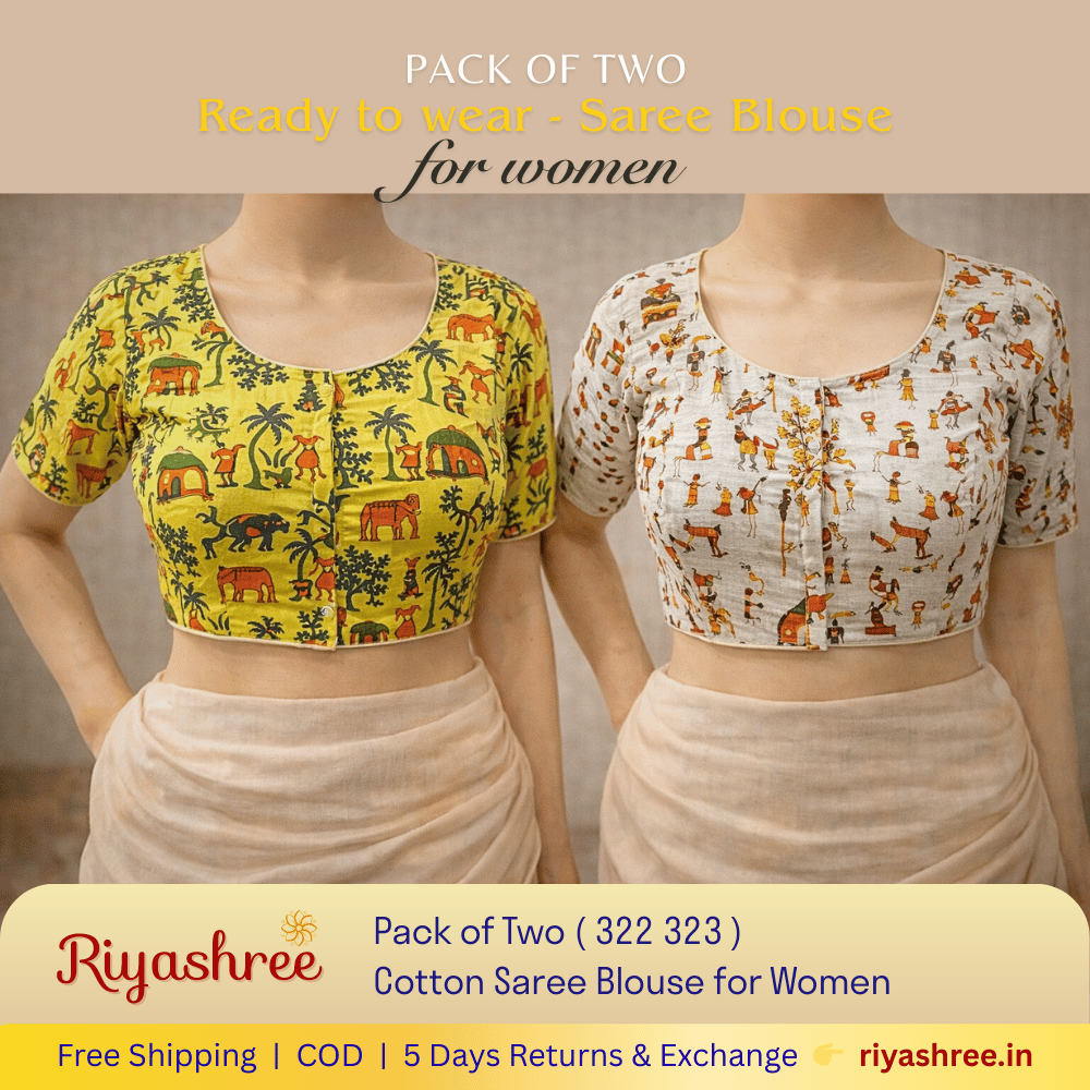 Pack of Two Riyashree Ready to Wear Stitched Cotton Madhubani Saree Blouse for Women | 322 323