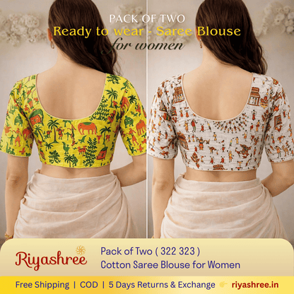 Pack of Two Riyashree Ready to Wear Stitched Cotton Madhubani Saree Blouse for Women | 322 323