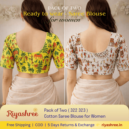 Pack of Two Riyashree Ready to Wear Stitched Cotton Madhubani Saree Blouse for Women | 322 323