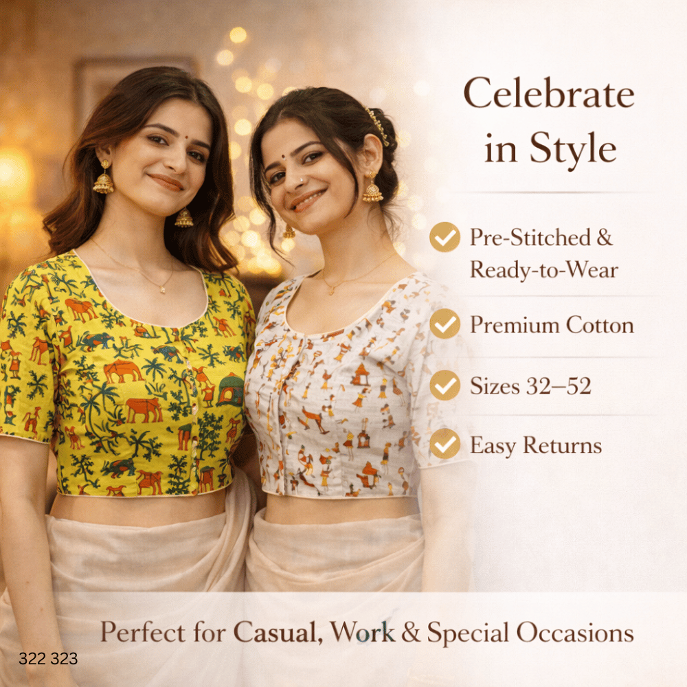 Pack of Two Riyashree Ready to Wear Stitched Cotton Madhubani Saree Blouse for Women | 322 323