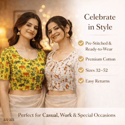 Pack of Two Riyashree Ready to Wear Stitched Cotton Madhubani Saree Blouse for Women | 322 323