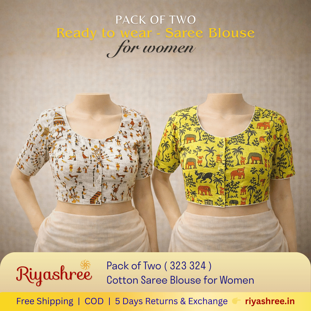 Pack of Two Riyashree Ready to Wear Stitched Cotton Madhubani Saree Blouse for Women | 323 324