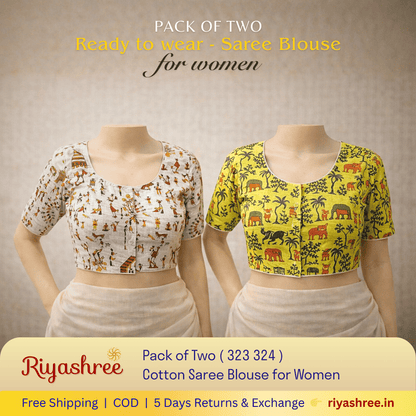 Pack of Two Riyashree Ready to Wear Stitched Cotton Madhubani Saree Blouse for Women | 323 324