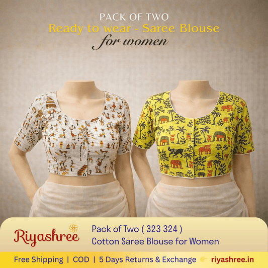 Pack of Two Riyashree Ready to Wear Stitched Cotton Madhubani Saree Blouse for Women | 323 324