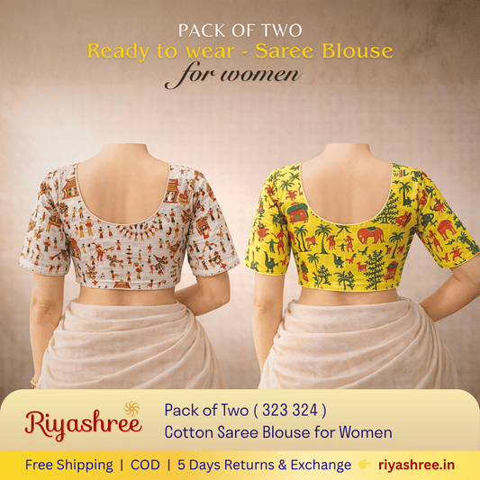 Pack of Two Riyashree Ready to Wear Stitched Cotton Madhubani Saree Blouse for Women | 323 324