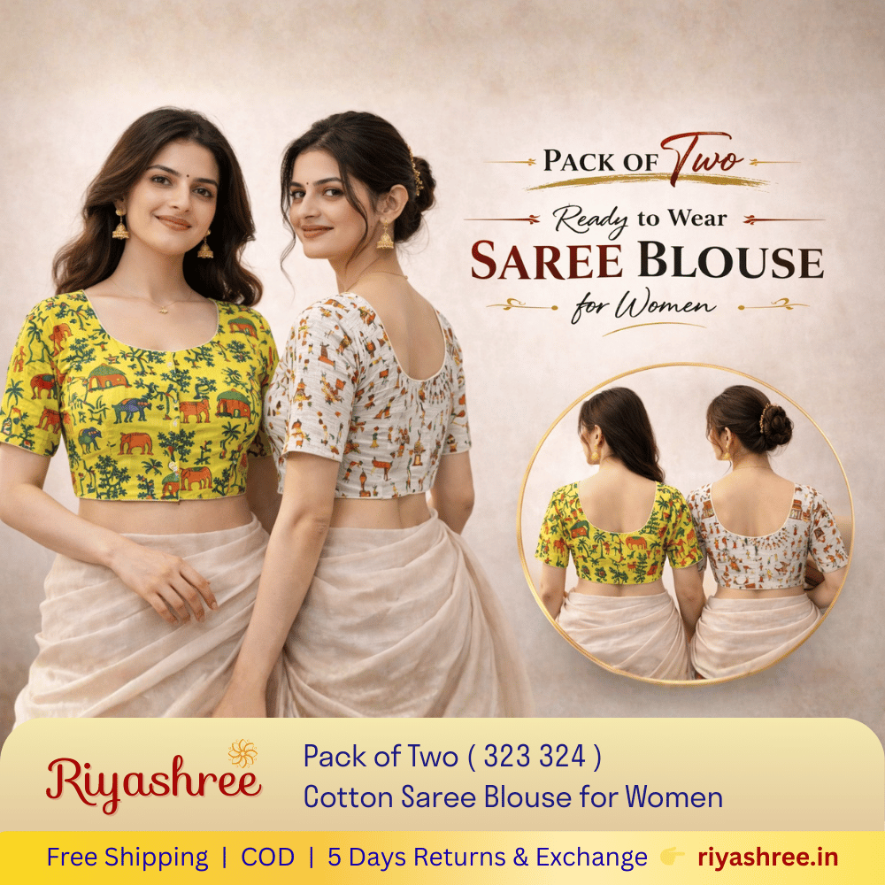 Pack of Two Riyashree Ready to Wear Stitched Cotton Madhubani Saree Blouse for Women | 323 324