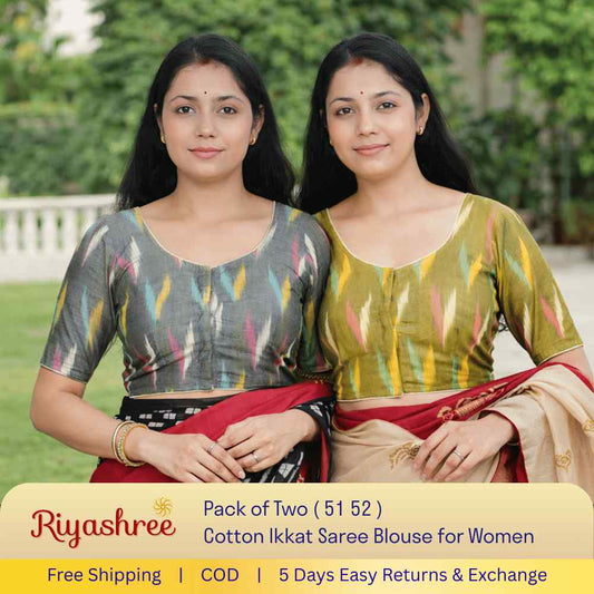 EvaRiya Pack of 2 Ready-to-Wear Cotton Ikkat Blouse for Women | Pre-Stitched Saree Blouse | Comfortable Daily & Festive Wear | 51-52