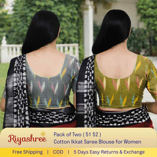 EvaRiya Pack of 2 Ready-to-Wear Cotton Ikkat Blouse for Women | Pre-Stitched Saree Blouse | Comfortable Daily & Festive Wear | 51-52